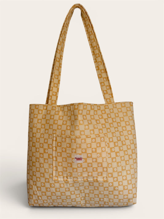 063 - Yellow Daisy Checkered Tote Bag