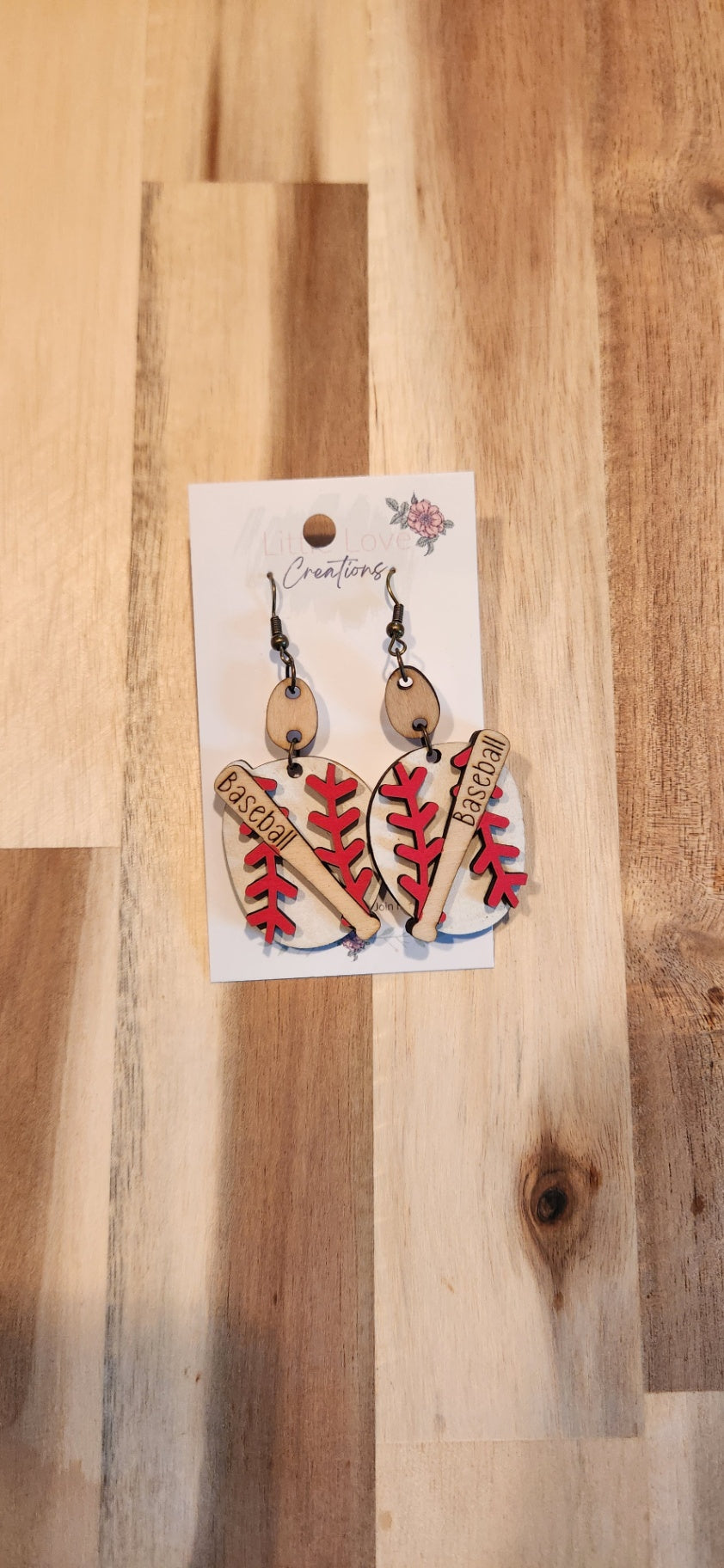 011 - Wooden Baseball with Bat Dangle Earrings