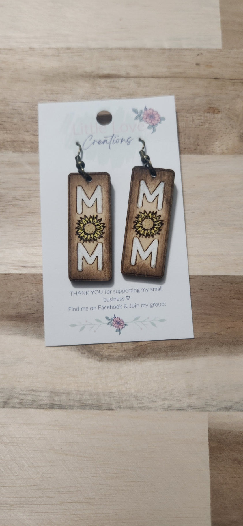 011 - Wooden Sunflower Mom Bar Dangle Earrings