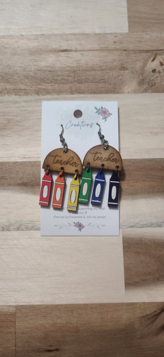 011 - Wooden Rainbow Crayon Teacher Dangle Earrings