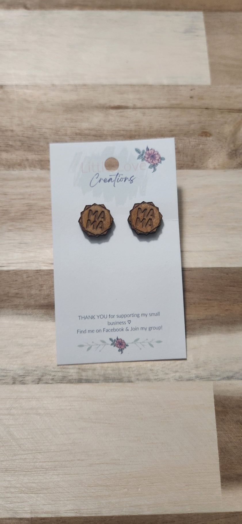 011 - Wooden Mini 'MAMA' Geometric Stud Earrings