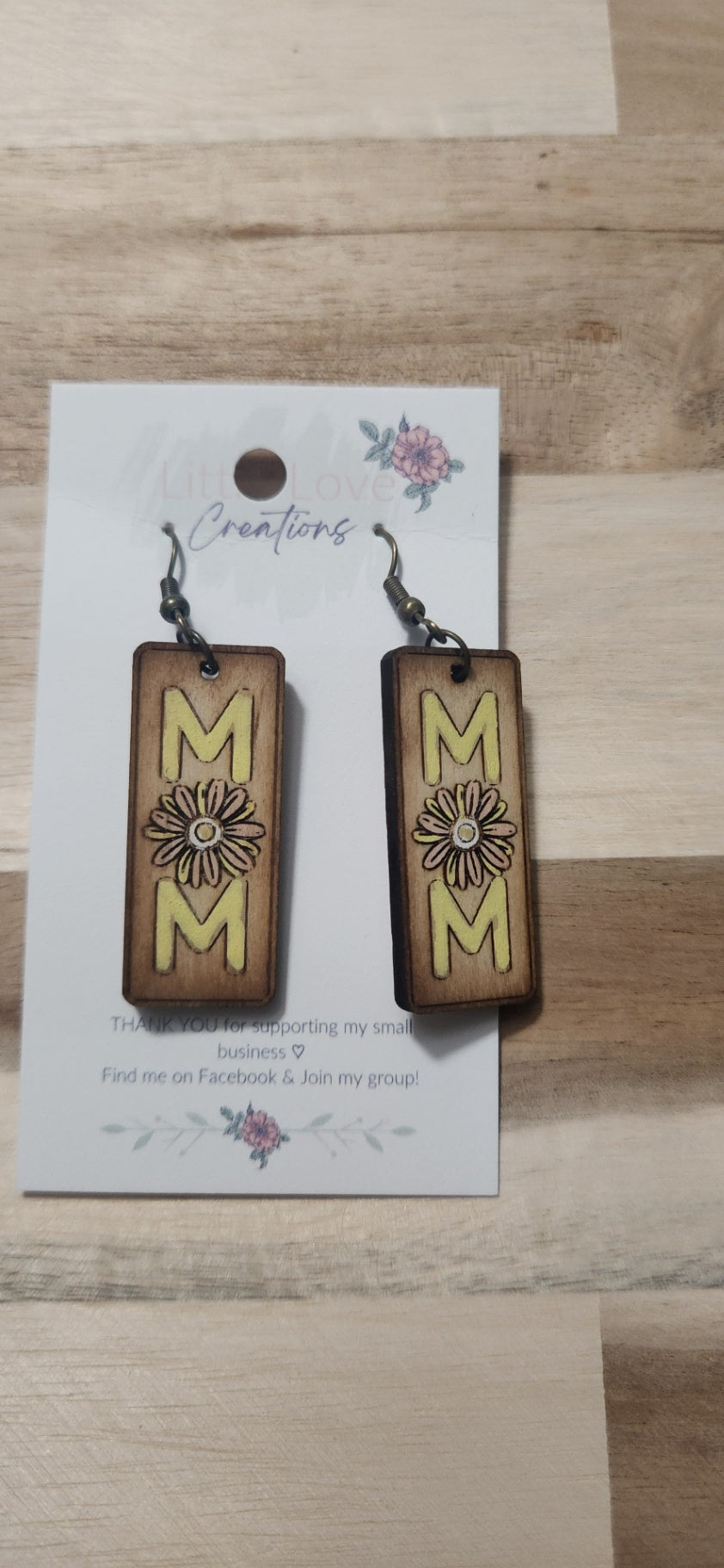 011 - Wooden Yellow Daisy 'Mom' Bar Dangle Earrings
