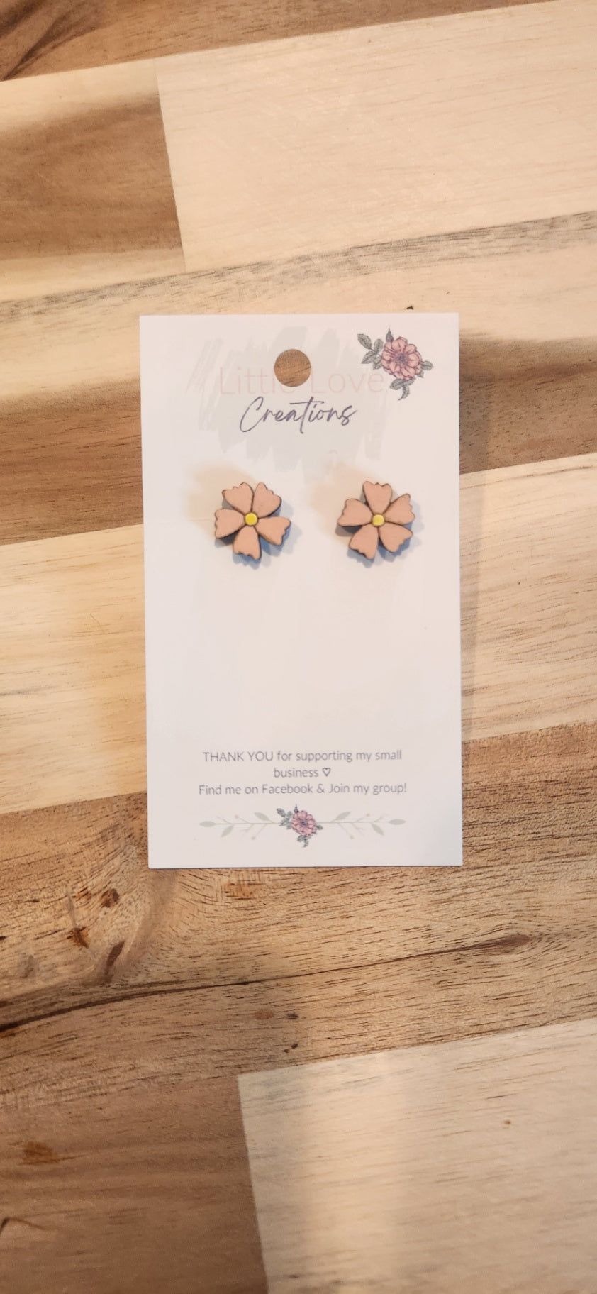 011 - Wooden Pink Flower Stud Earrings