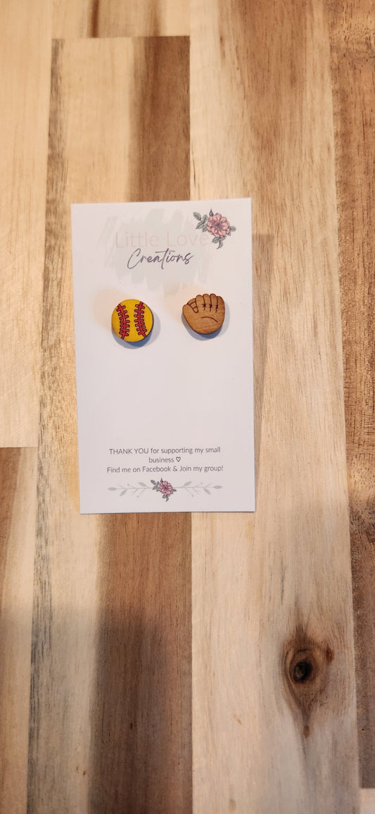011 - Wooden Softball & Glove Stud Earrings
