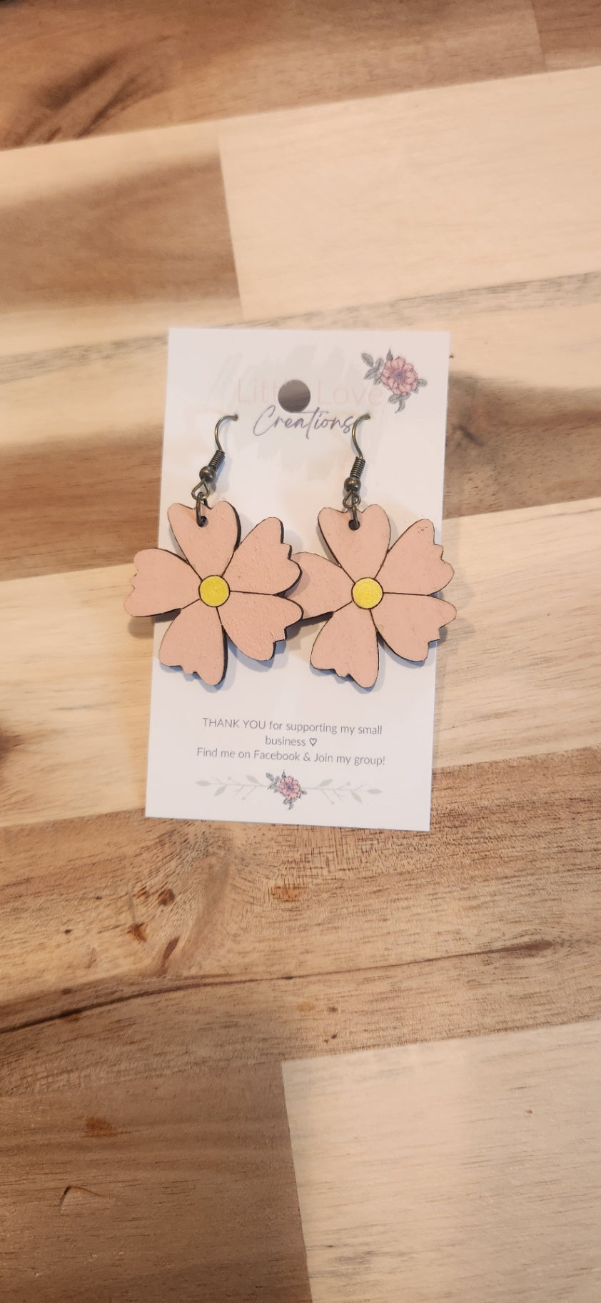 011 - Wooden Pink Flower Dangle Earrings