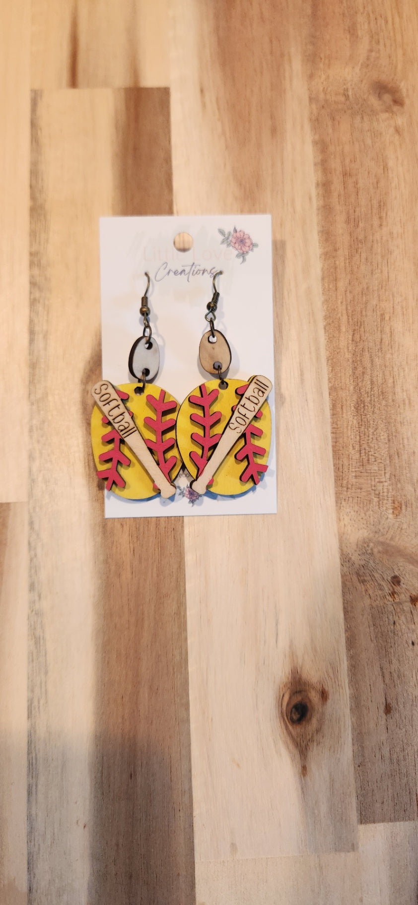 011 - Wooden Softball with Bat Dangle Earrings