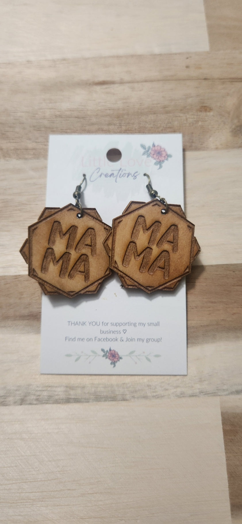 011 - Wooden 'MAMA' Geometric Dangle Earrings