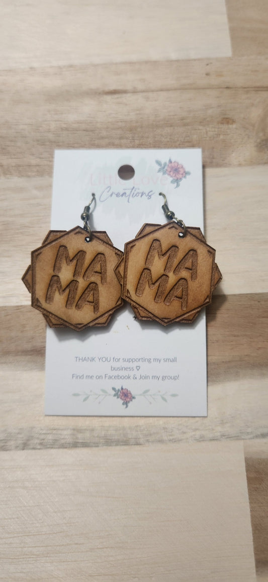 011 - Wooden 'MAMA' Geometric Dangle Earrings