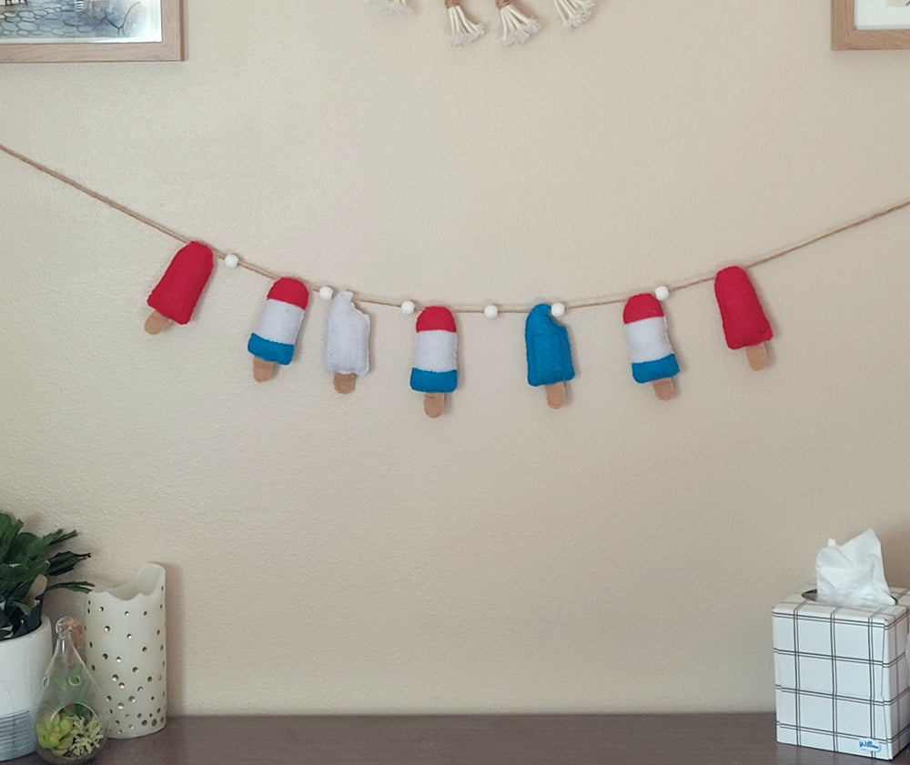 047 - Red, White & Blue Popsicle Felt Hand Stitched Summer Garland, 60"