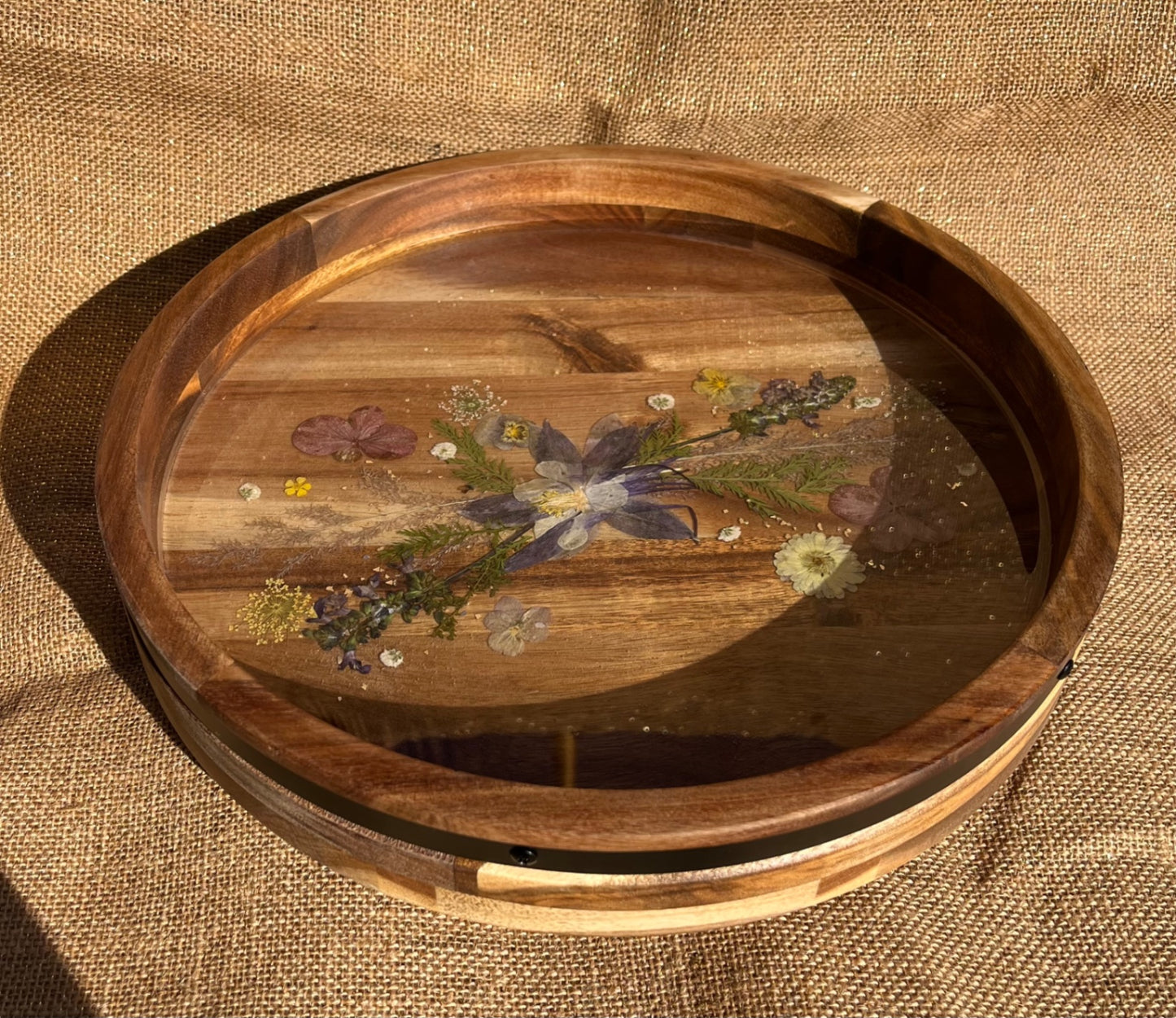 017 - Solid Wood Lazy Susan with Dried Floral Resin Inlay