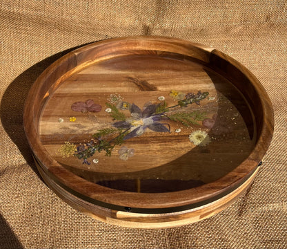 017 - Solid Wood Lazy Susan with Dried Floral Resin Inlay