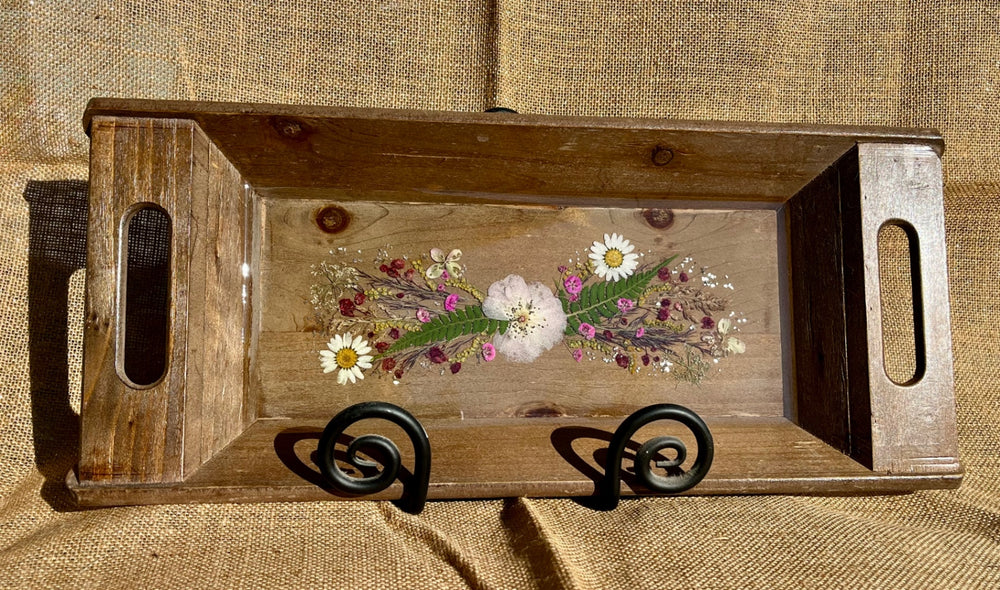 017 - Rustic Dried Floral Resin Inlay Wood Serving Tray