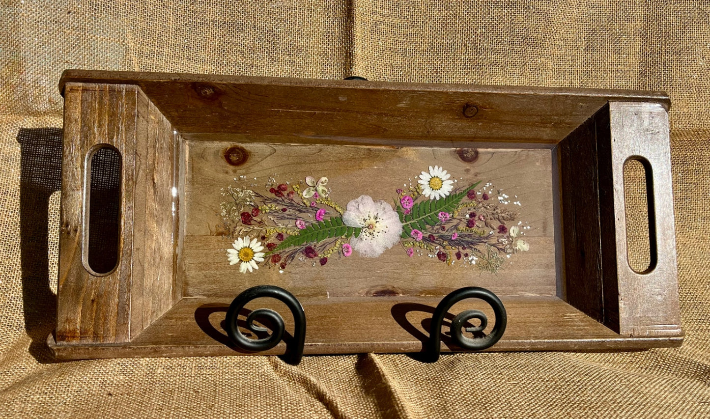 017 - Rustic Dried Floral Resin Inlay Wood Serving Tray