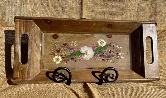 017 - Rustic Dried Floral Resin Inlay Wood Serving Tray