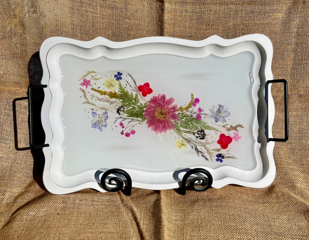 017 - Farmhouse Style Wood Serving Tray with Dried Floral Resin Inlay