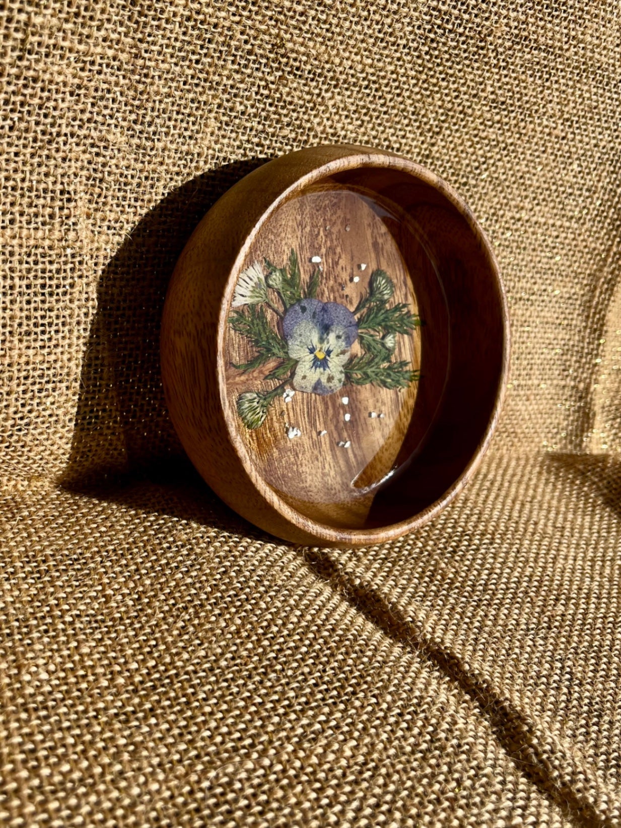 017 - Round Wooden Trinket Bowl with Dried Floral Resin Inlay