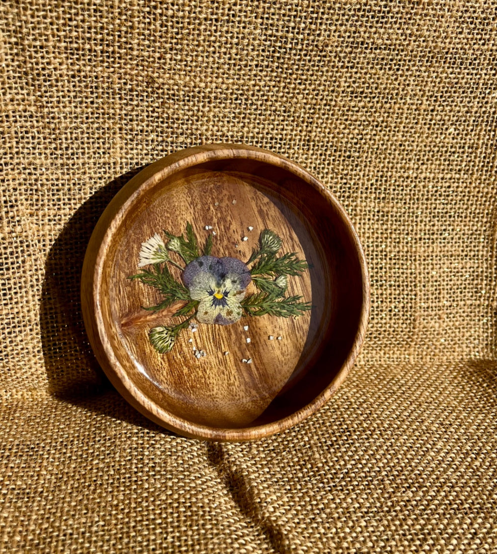 017 - Round Wooden Trinket Bowl with Dried Floral Resin Inlay