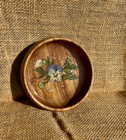 017 - Round Wooden Trinket Bowl with Dried Floral Resin Inlay