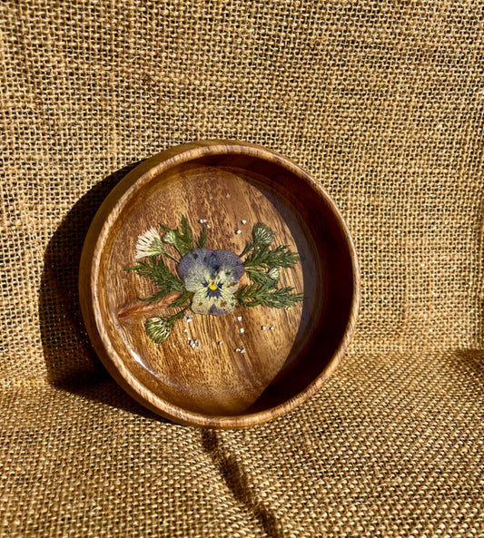 017 - Round Wooden Trinket Bowl with Dried Floral Resin Inlay