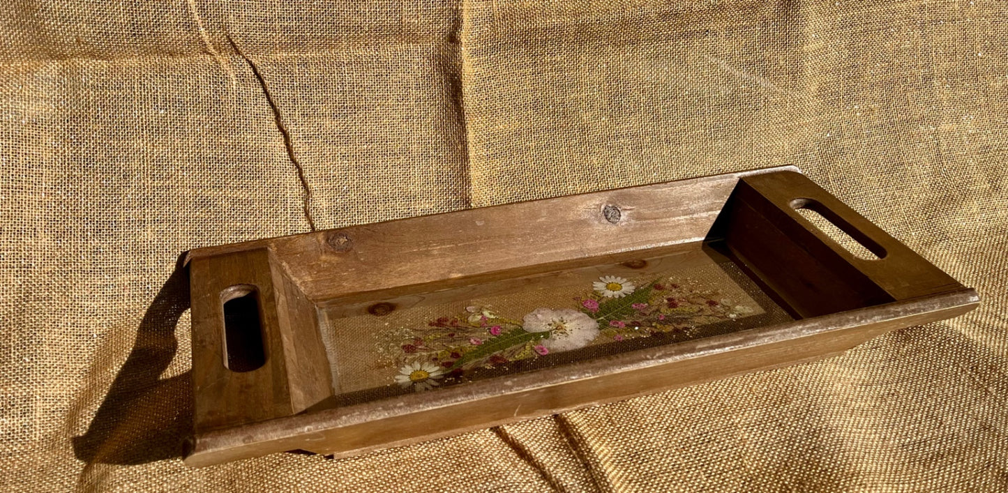 017 - Rustic Dried Floral Resin Inlay Wood Serving Tray