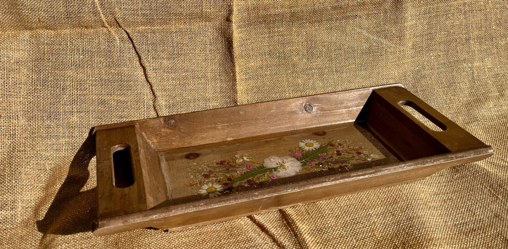 017 - Rustic Dried Floral Resin Inlay Wood Serving Tray