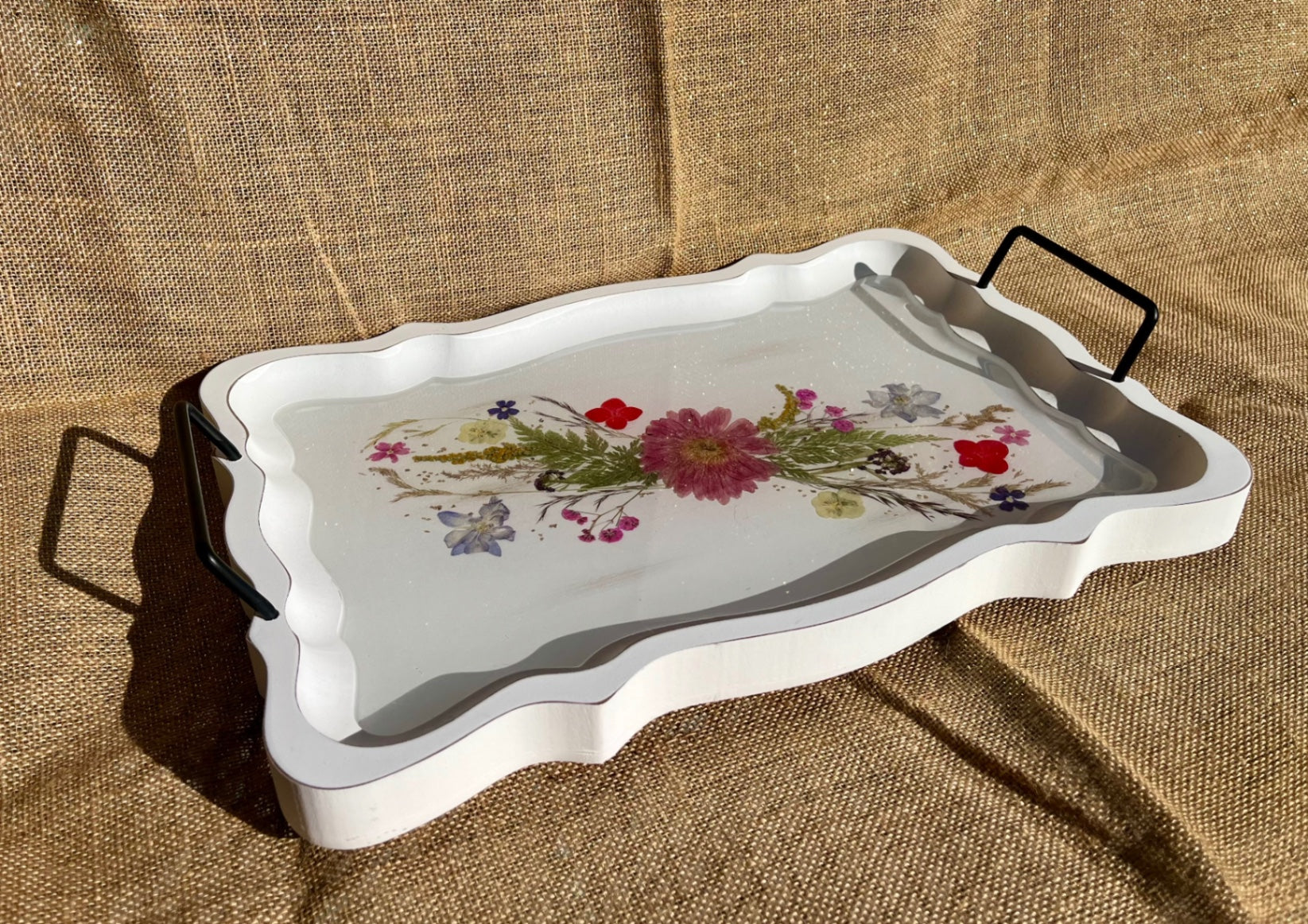 017 - Farmhouse Style Wood Serving Tray with Dried Floral Resin Inlay