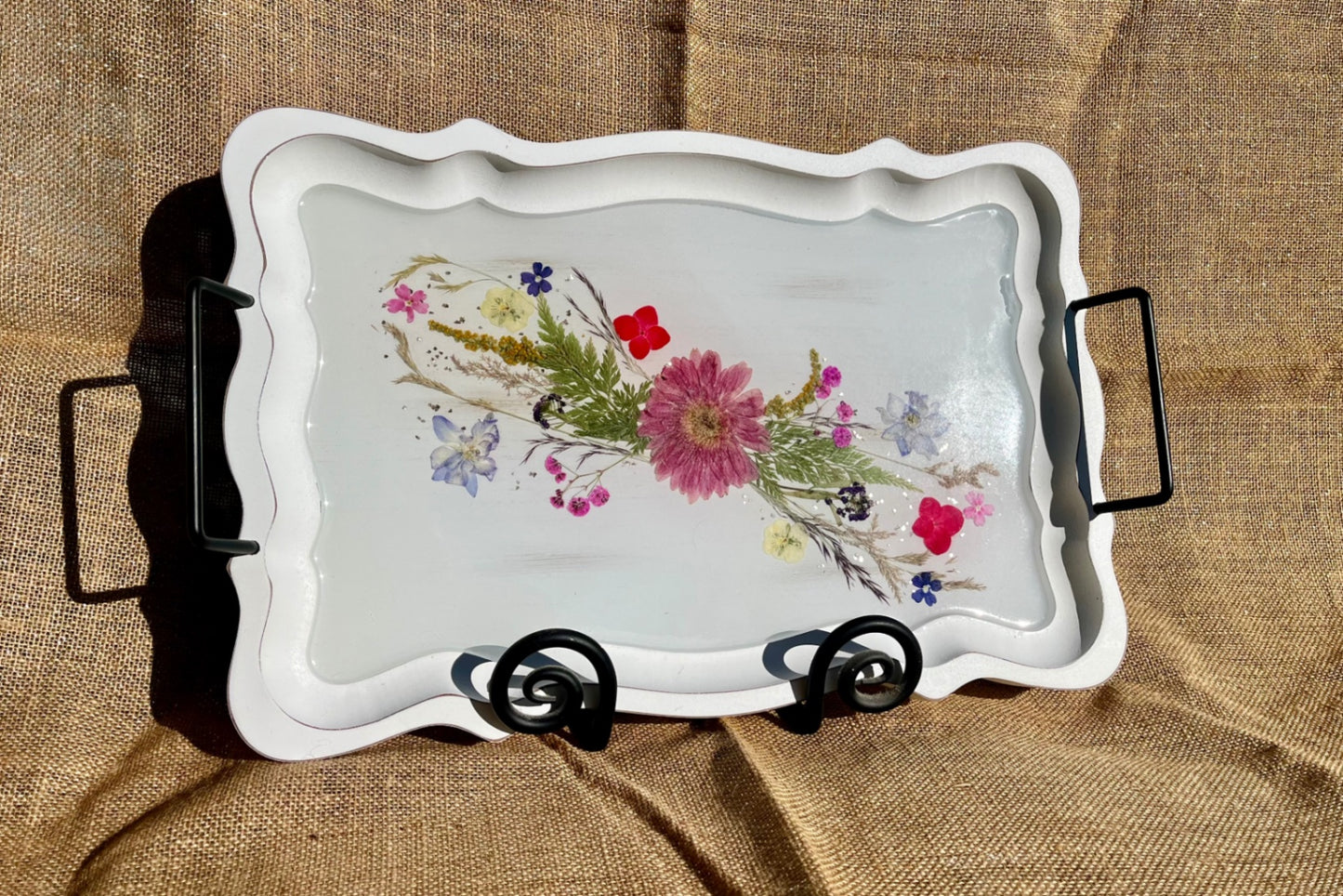 017 - Farmhouse Style Wood Serving Tray with Dried Floral Resin Inlay