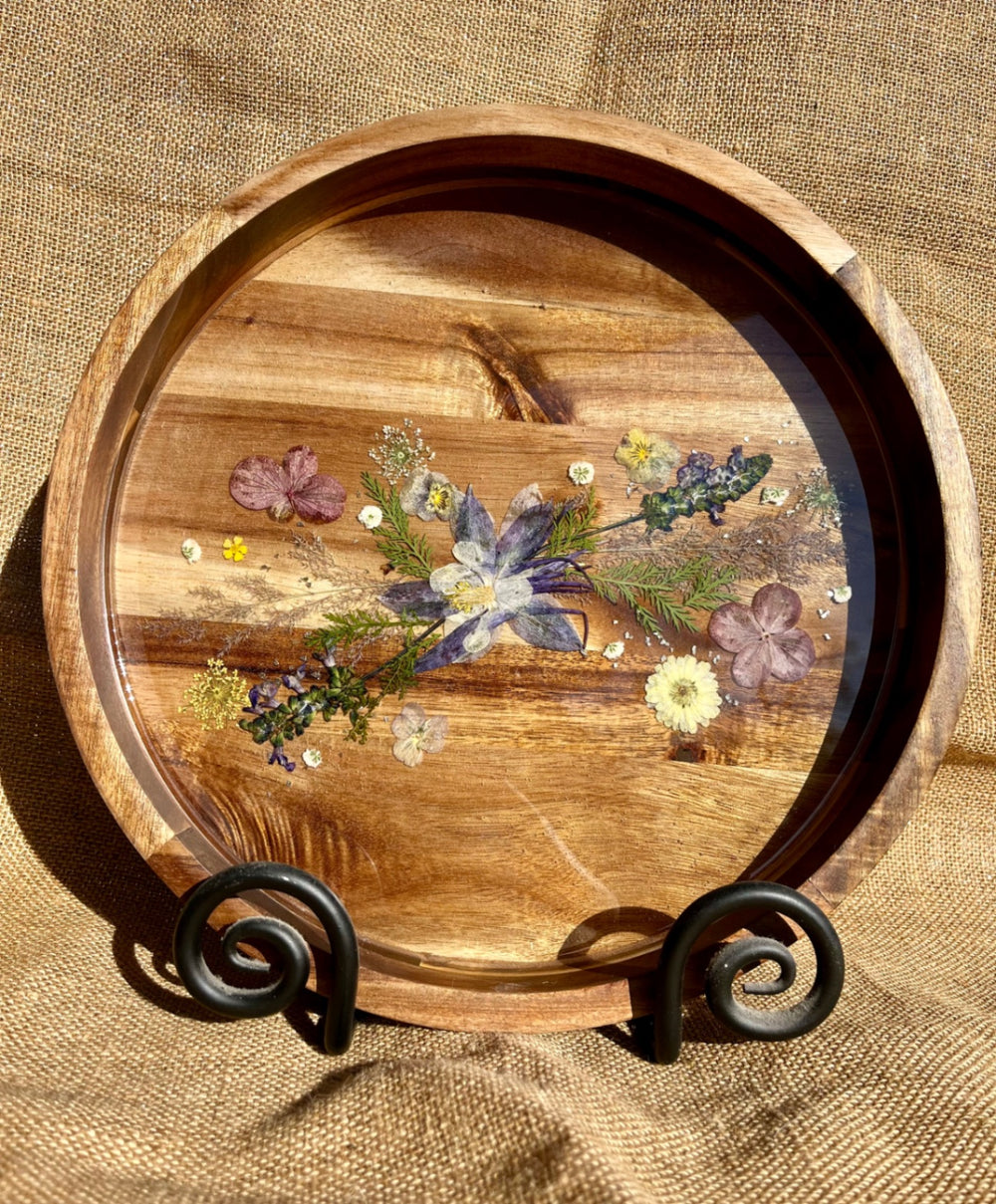 017 - Solid Wood Lazy Susan with Dried Floral Resin Inlay