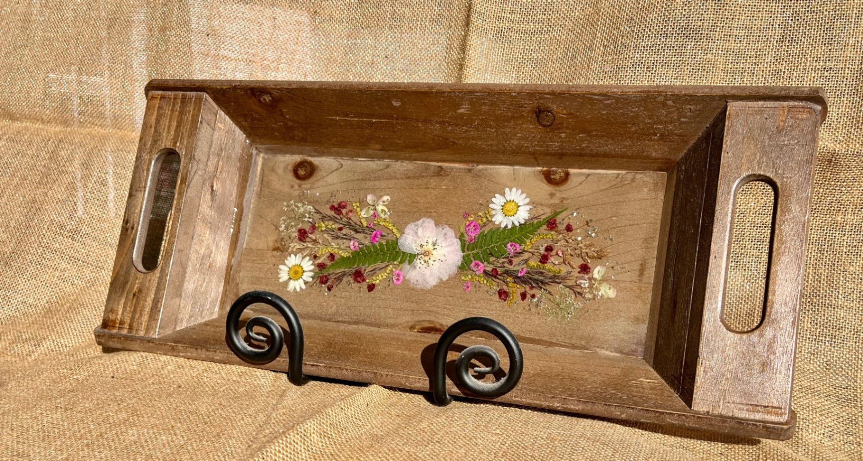 017 - Rustic Dried Floral Resin Inlay Wood Serving Tray