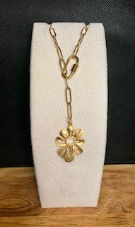 042 - Paperclip Chain Necklace - Gold - Carabiner lock charm clasp w/dangle (flower))