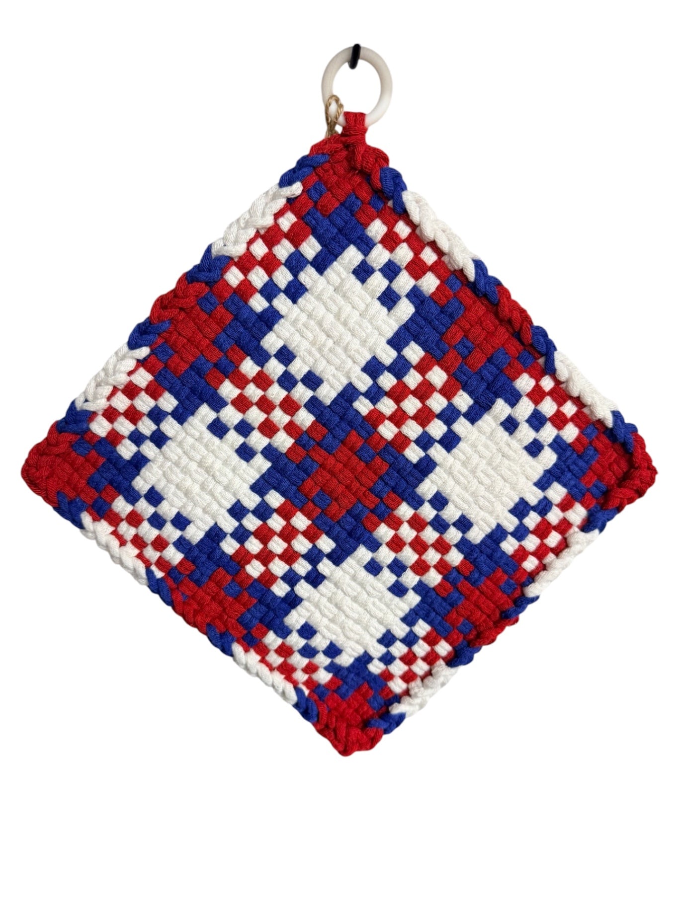051 - Red, White and Woven Loom Woven Potholder