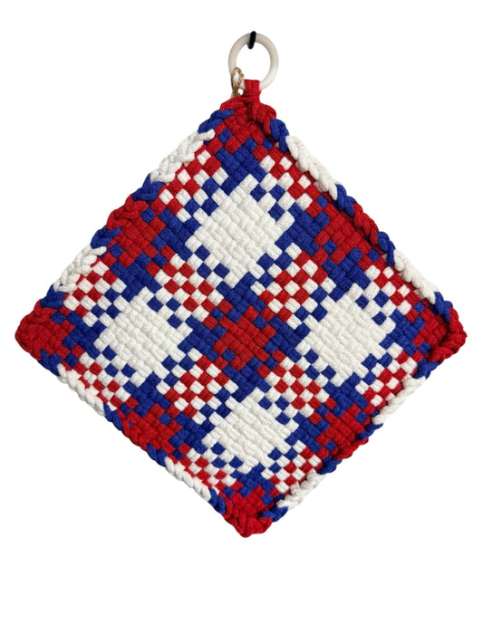051 - Red, White and Woven Loom Woven Potholder