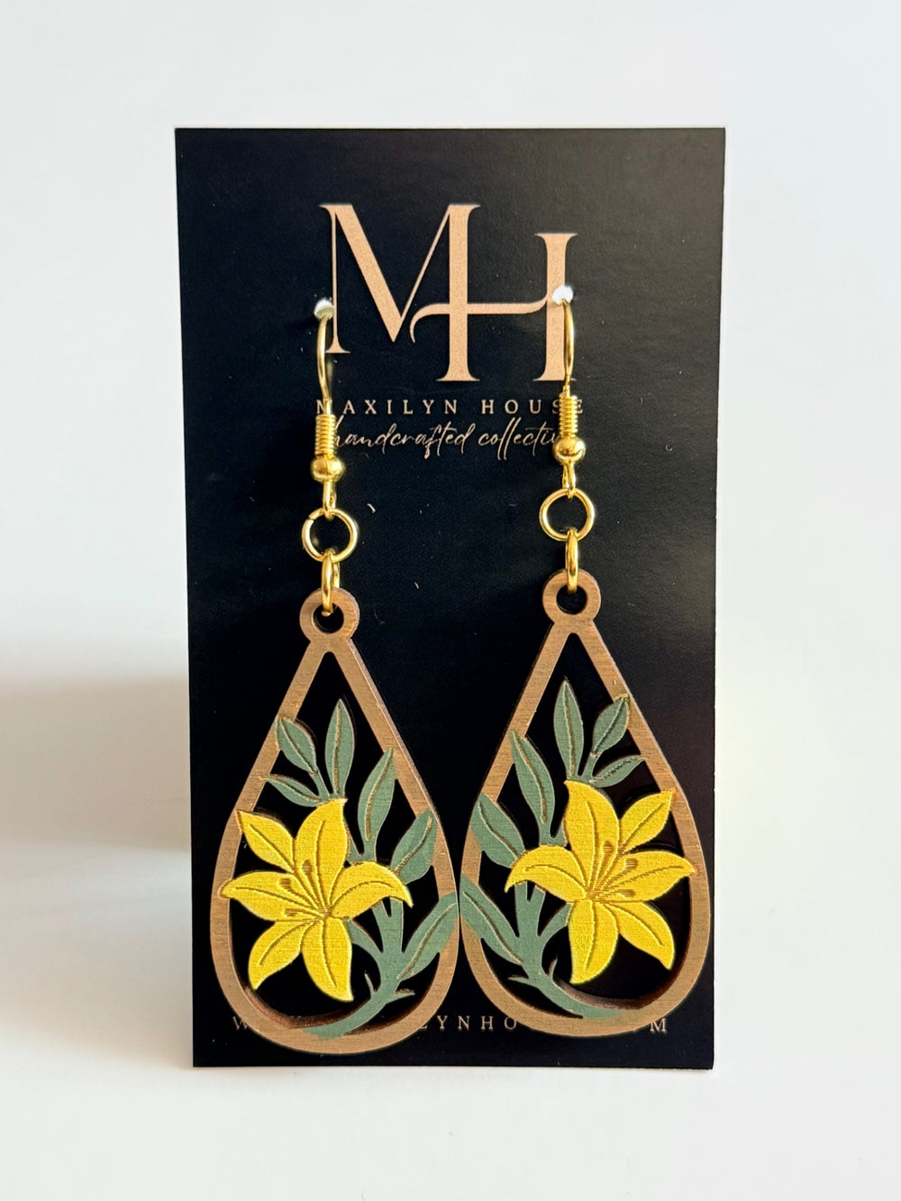 Boho Yellow Lilly Wooden Dangle Earrings