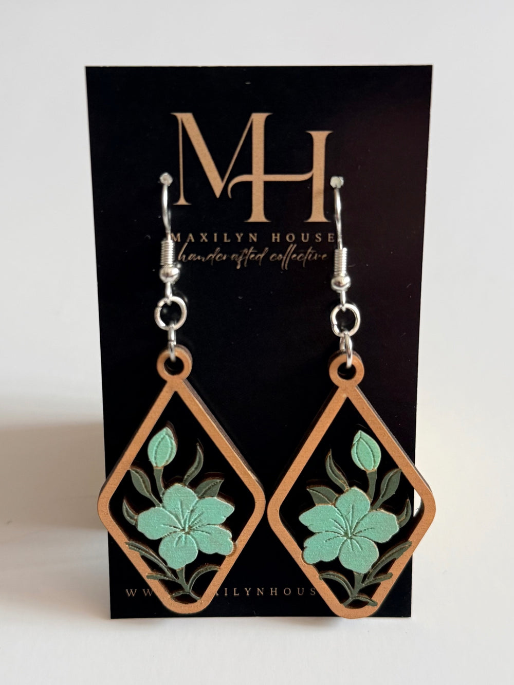Boho Teal Floral Wooden Dangle Earrings