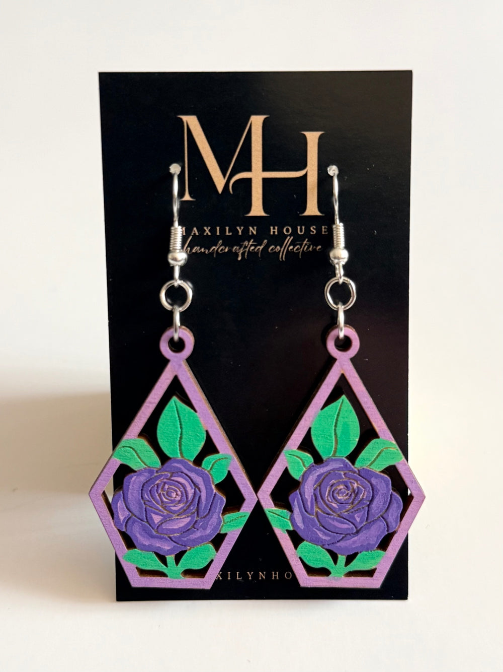 Boho Purple Rose Flower Wooden Dangle Earrings