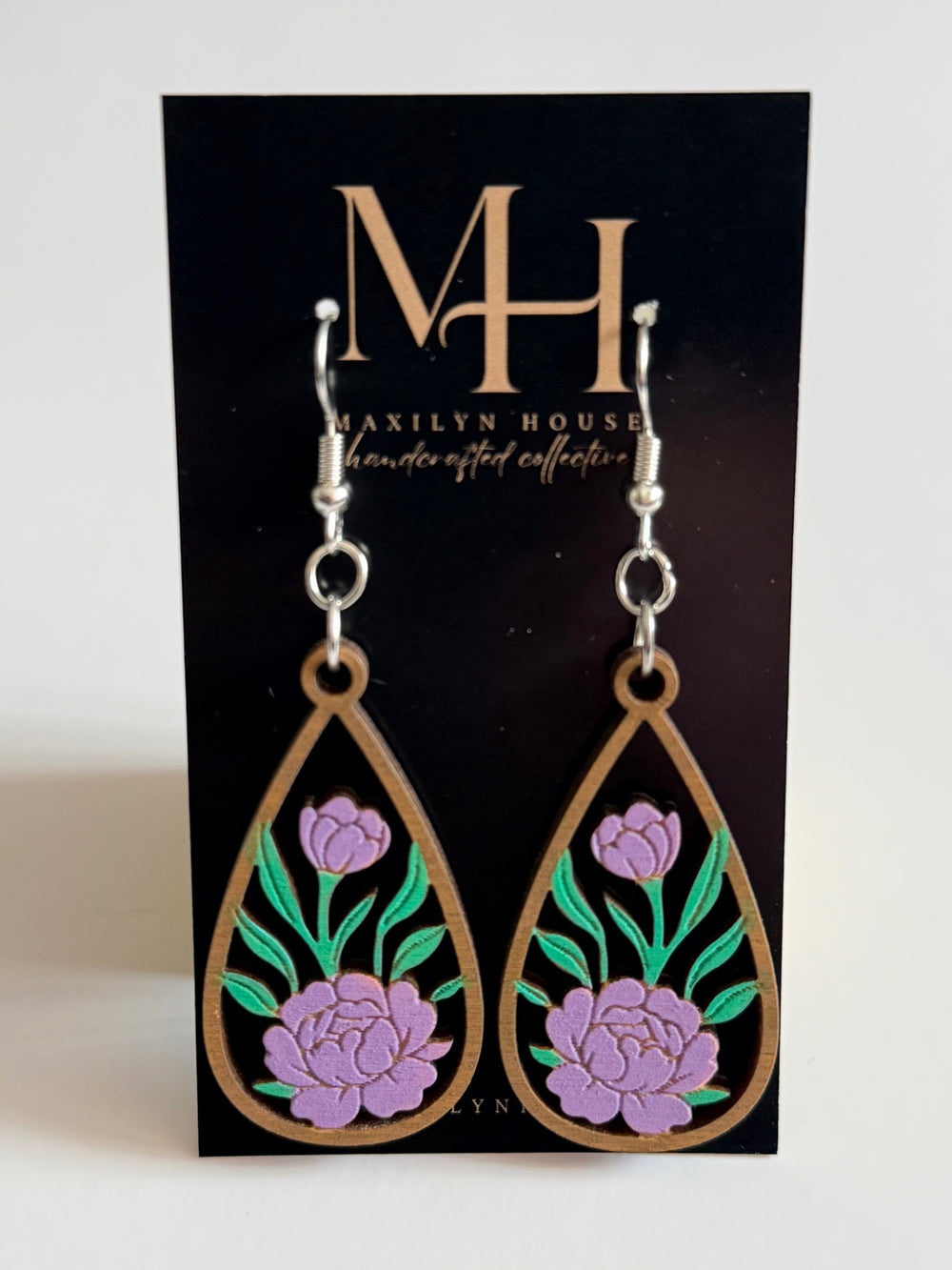 Boho Purple Floral Wooden Dangle Earrings