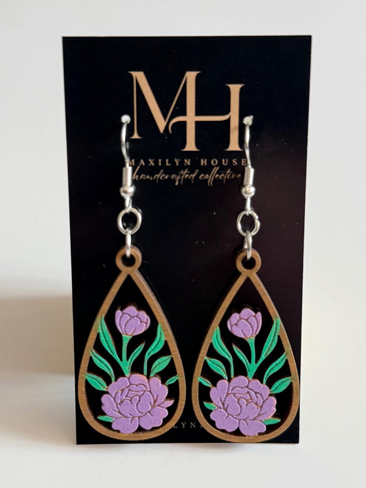 Boho Purple Floral Wooden Dangle Earrings