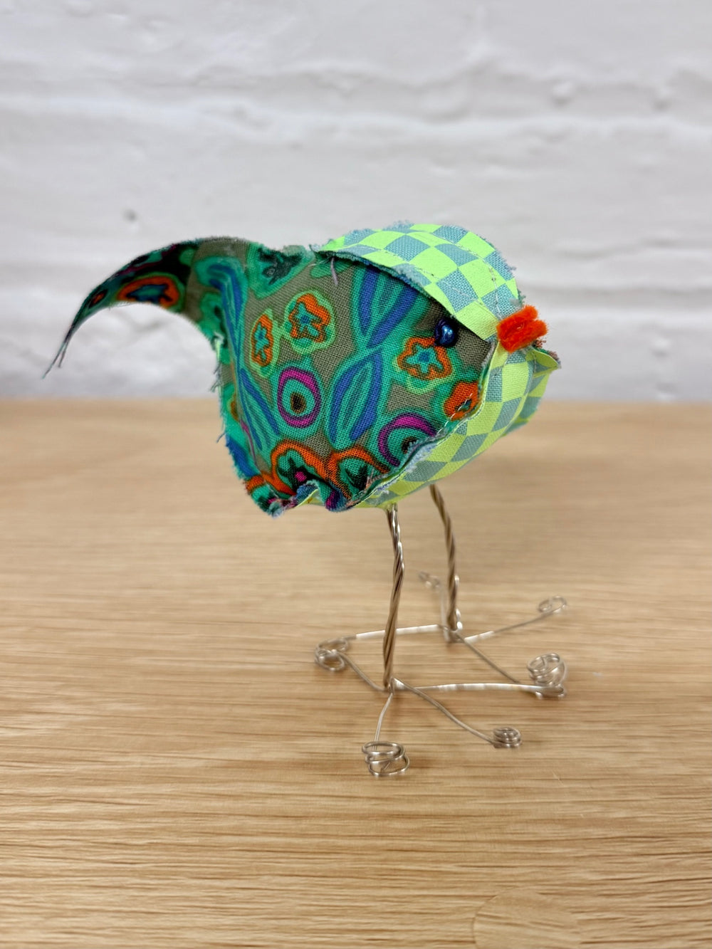 08 - Quilted Fabric Bird | Green Checkered Paisley