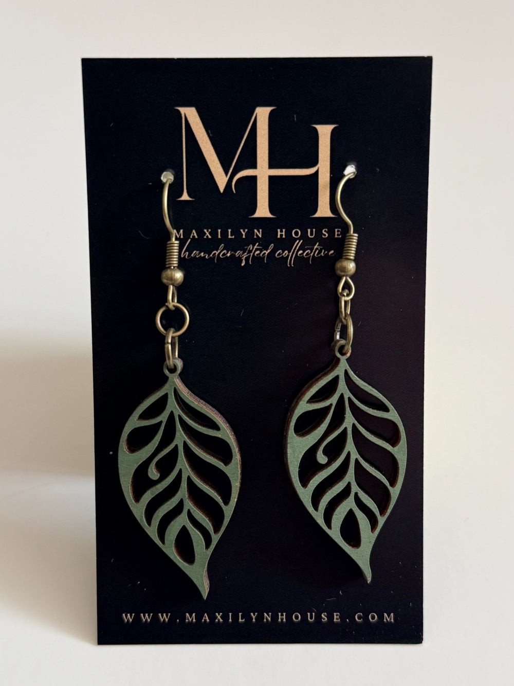 Boho Green Wooden Leaf Dangle Earrings