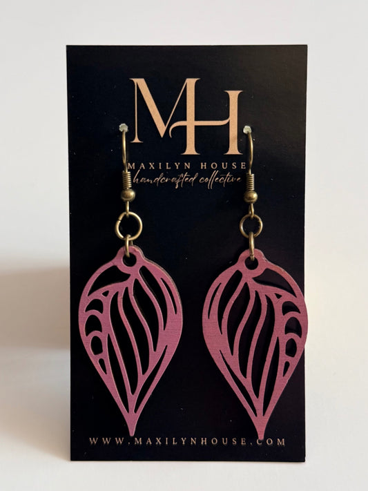 Boho Pink Wooden Leaf Dangle Earrings