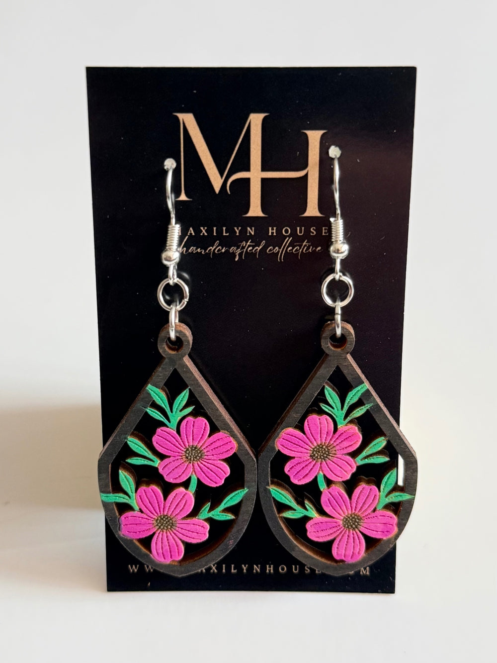 Boho Pink Floral Wooden Dangle Earrings