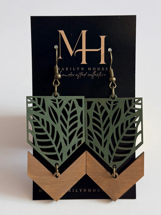 Boho Green Wooden Drop Dangle Earrings