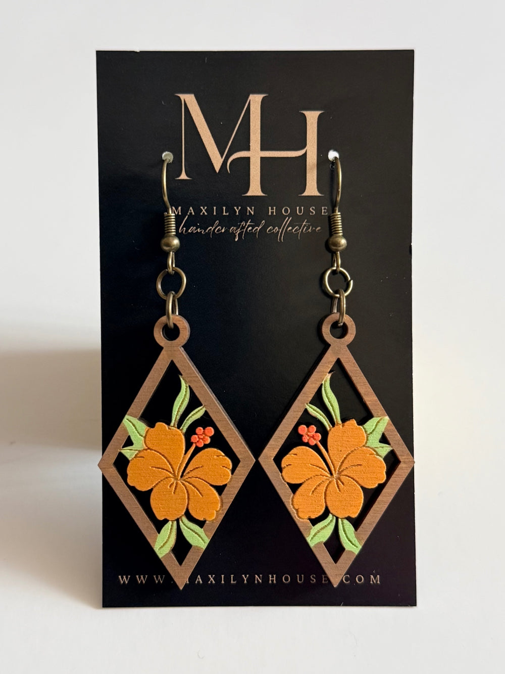 Boho Orange Hibiscus Flower Wooden Dangle Earrings