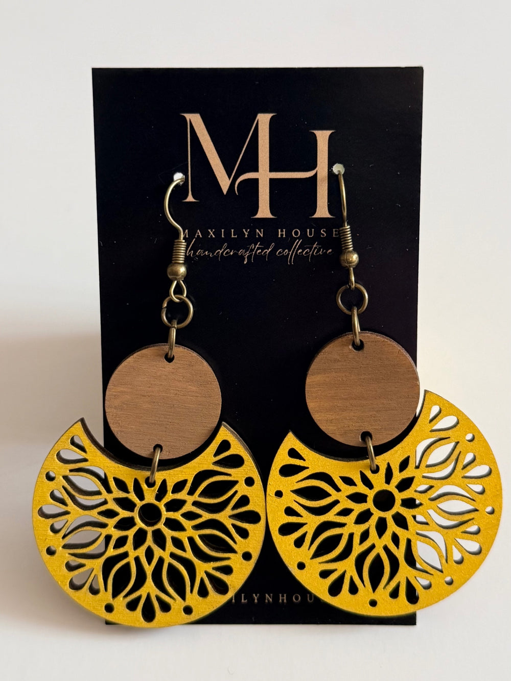 Boho Yellow Circle Wooden Drop Dangle Earrings