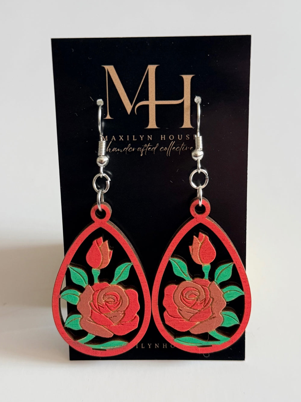 Boho Floral Red Rose Wooden Dangle Earrings
