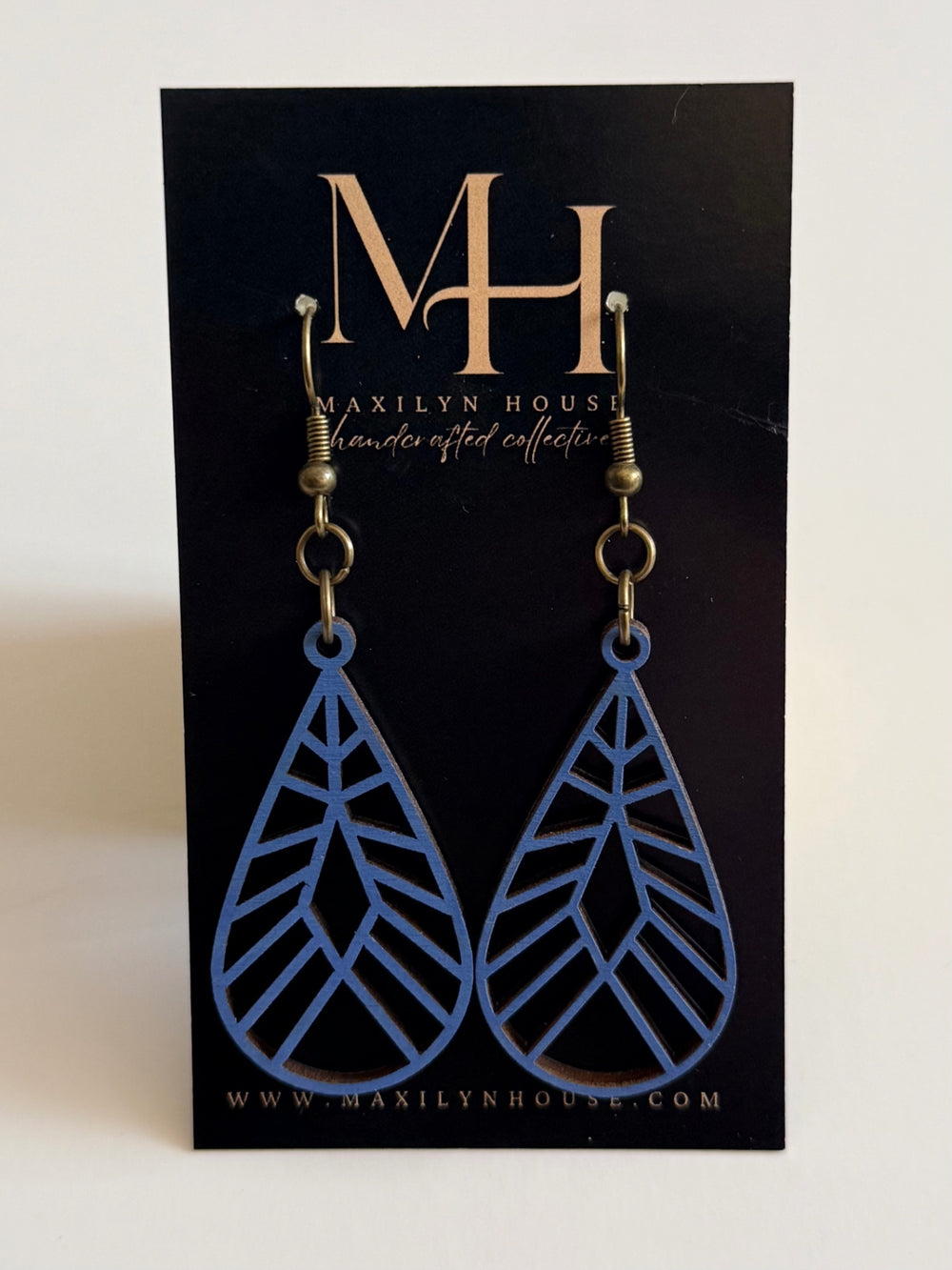 Geometric Blue Wooden Teardrop Dangle Earrings