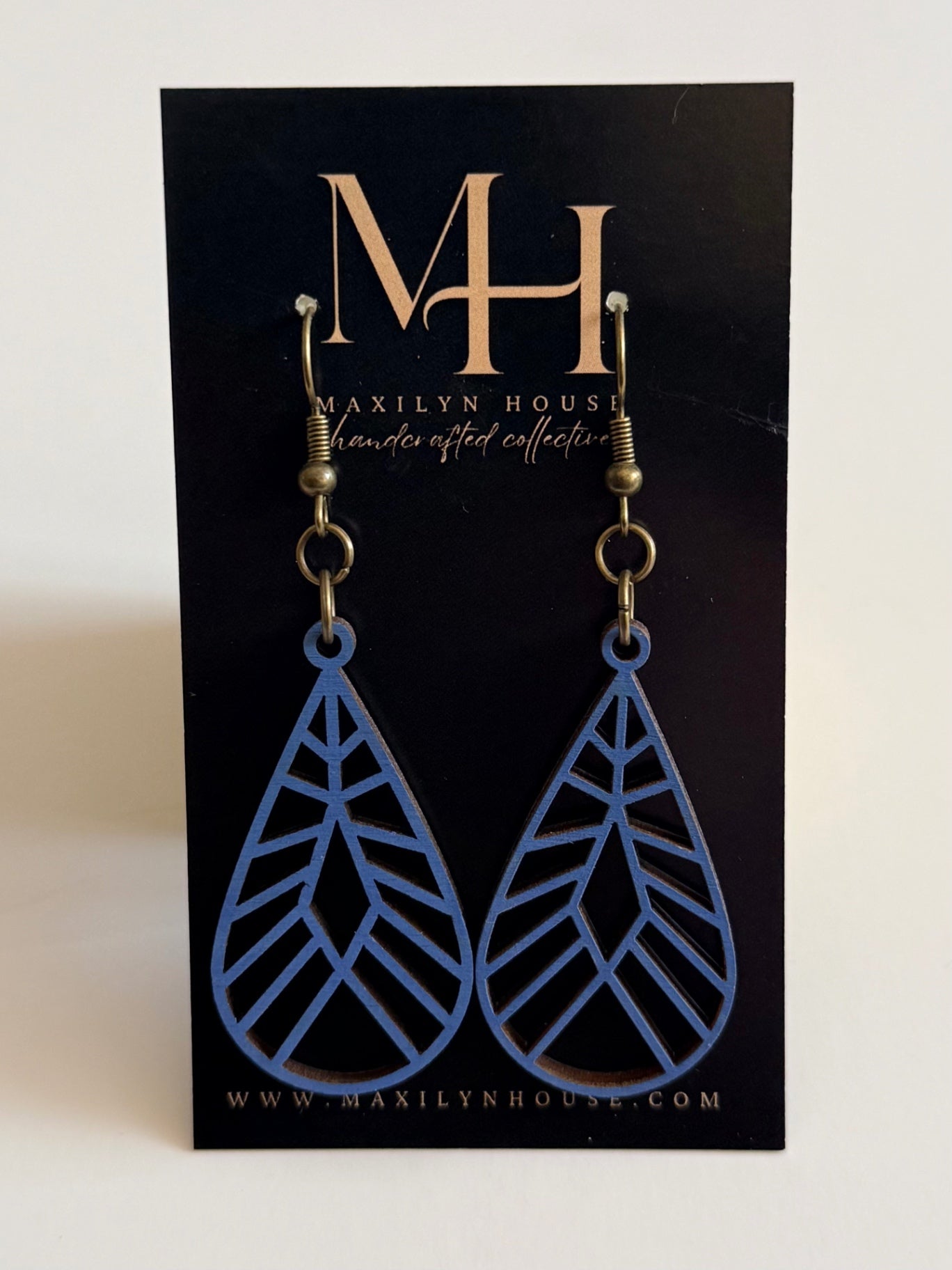 Geometric Blue Wooden Teardrop Dangle Earrings