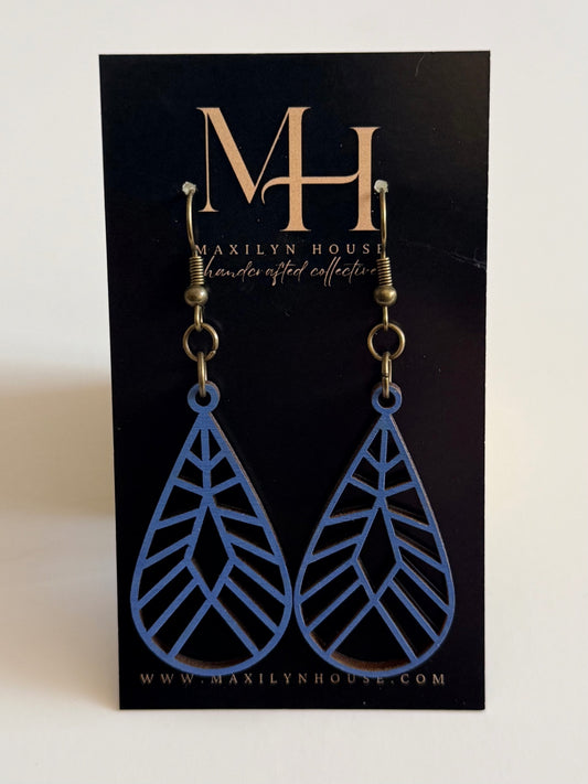Geometric Blue Wooden Teardrop Dangle Earrings