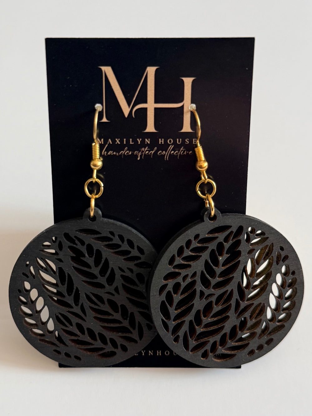 Boho Black Round Wooden Leaf Motif Dangle Earrings