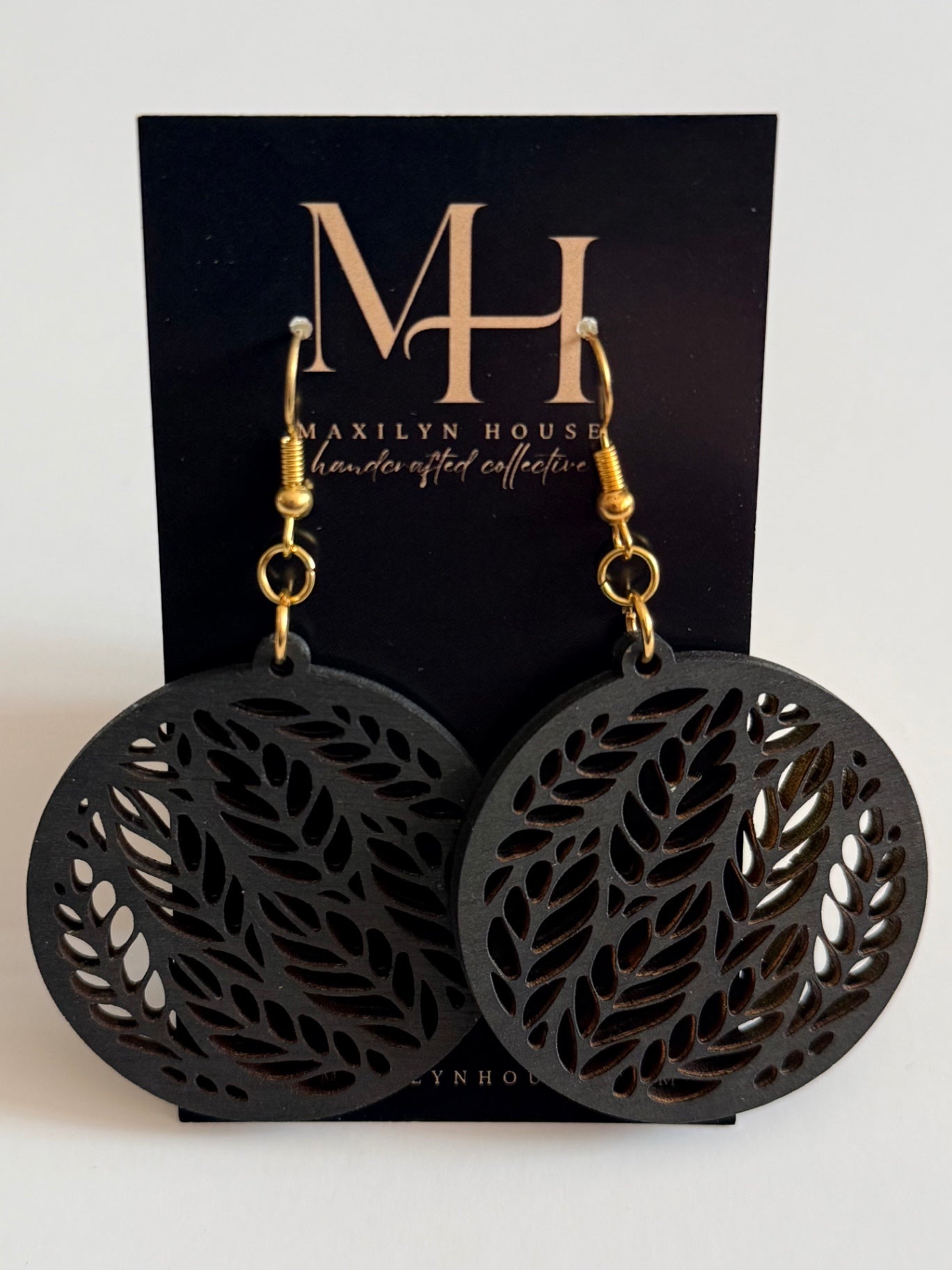 Boho Black Round Wooden Leaf Motif Dangle Earrings